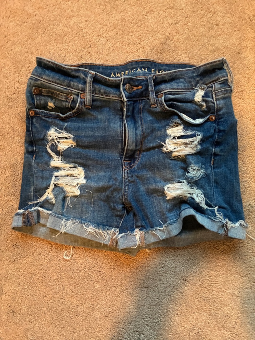 American Eagle Outfitters Distressed Dark Blue Denim High V-Rise Shortie Shorts